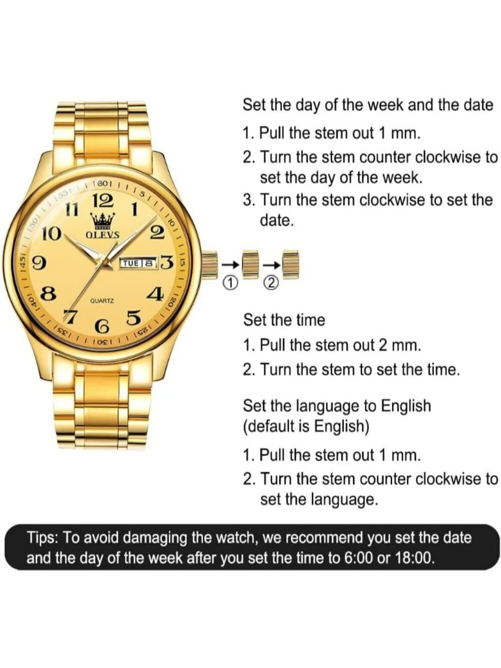 Men's Gold Stainless Steel Solid Analog Quartz Classic Waterproof Round Watch